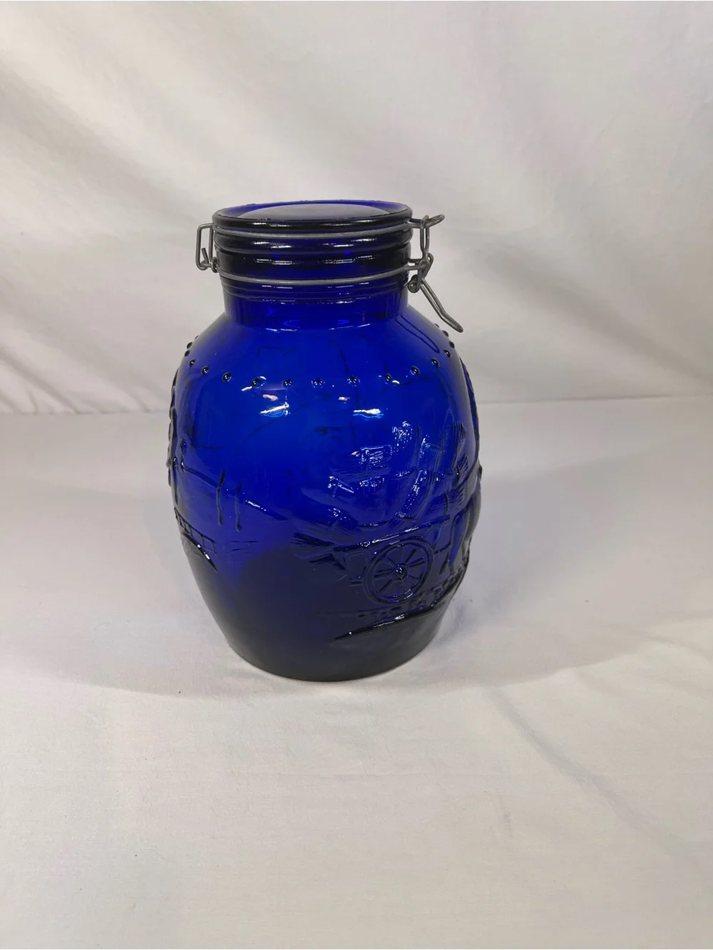 Made in Italy Cobalt Blue Glass Canister Vase with Embossed Design